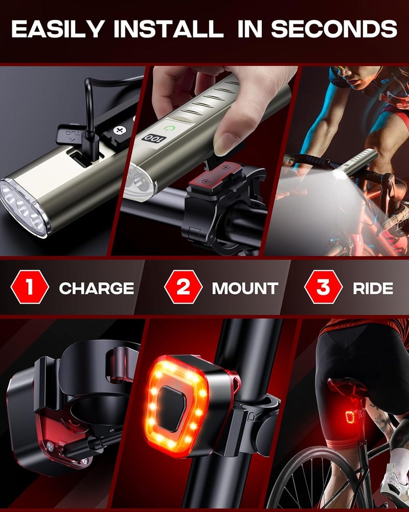 Prasky High Lumen Bike Light Set, Rechargeable Bicycle Lights Front and Rear, Super Bright LED Headlight, IP65 Waterproof Multiple Modes Road Mountain Bike Lights for Night Riding - Image 4